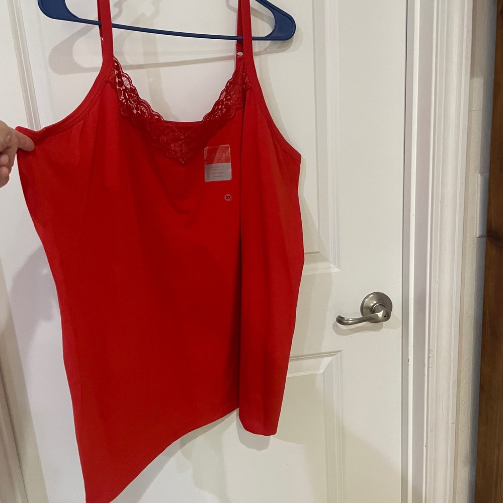 Catherines Suprema Red Lace Trim Camisole Tank Top 3X Plus Size NWT Cotton Blend
